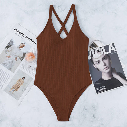 V-Neck One Piece Swimsuit Women Sexy Solid Bathing Suits High Cut Swimwear