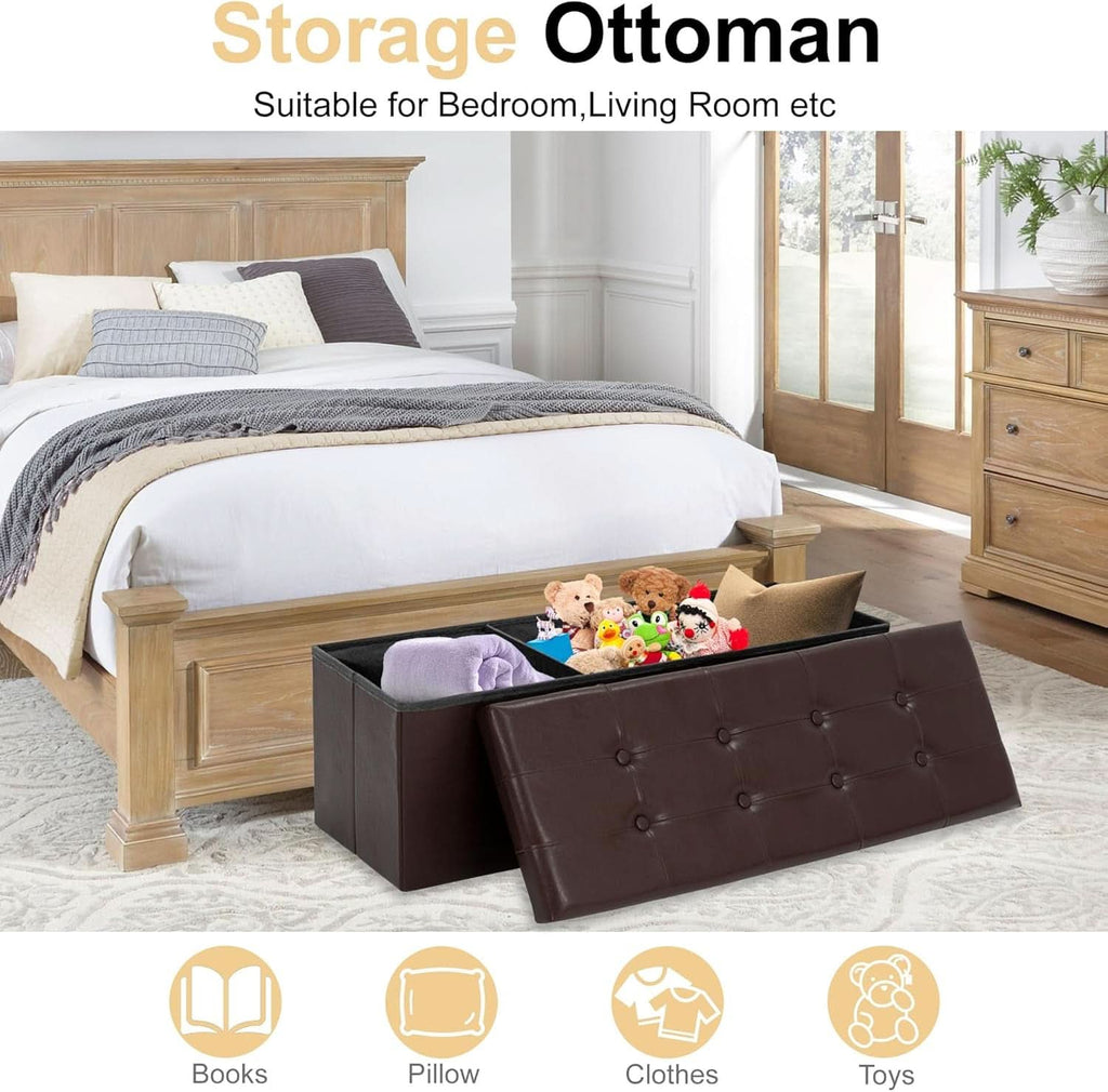 Forty Three Inches Folding Storage Ottoman Bench Brown Leather