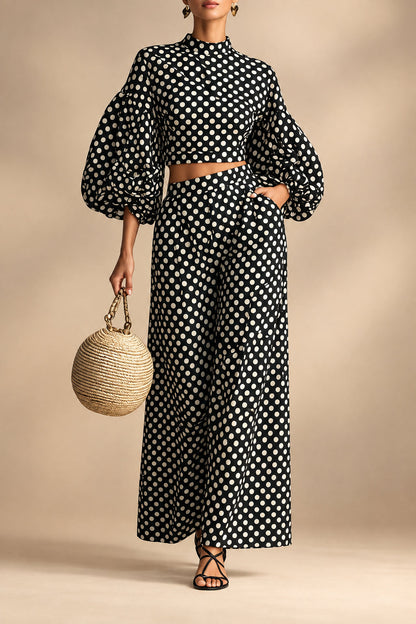 Women's 2-Piece Polka Dot Set – Lantern-Sleeve Mock-Neck Crop Top & High-Waisted Wide-Leg Trouser