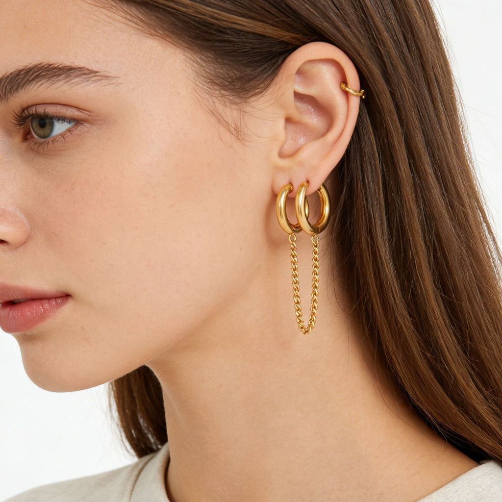 Stainless Steel Double Hoop Tassel Earrings