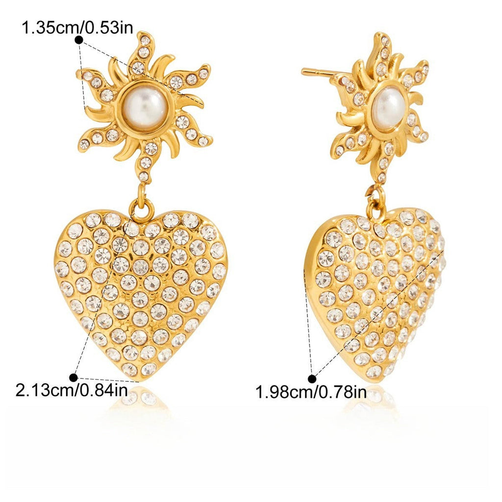 18K gold-plated, rhinestone-embellished heart-shaped pearl titanium steel stud earrings