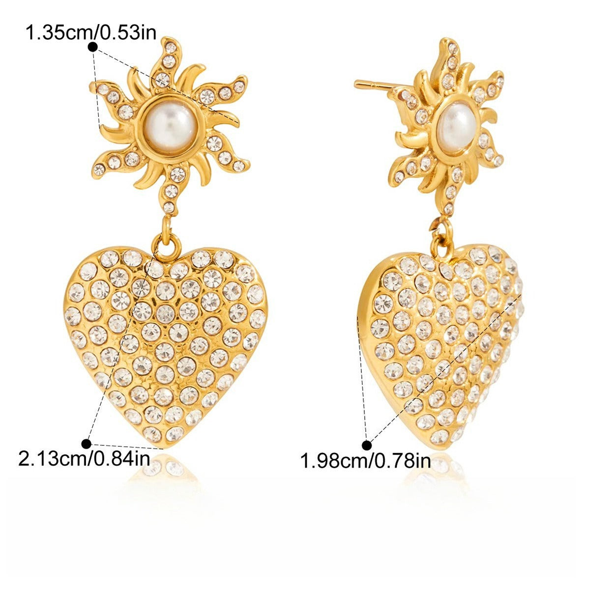 18K gold-plated, rhinestone-embellished heart-shaped pearl titanium steel stud earrings