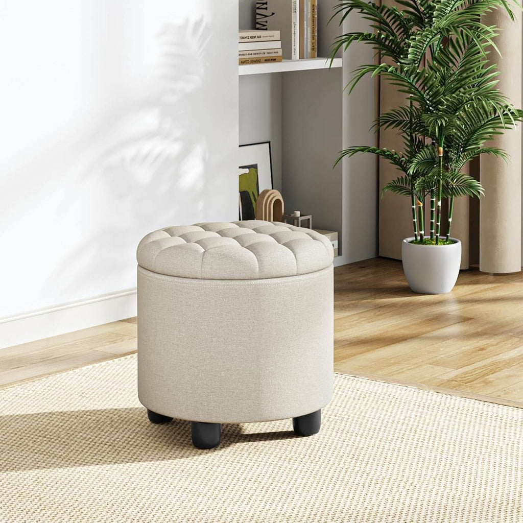Beige Round Storage Ottoman Featuring Removable Lid