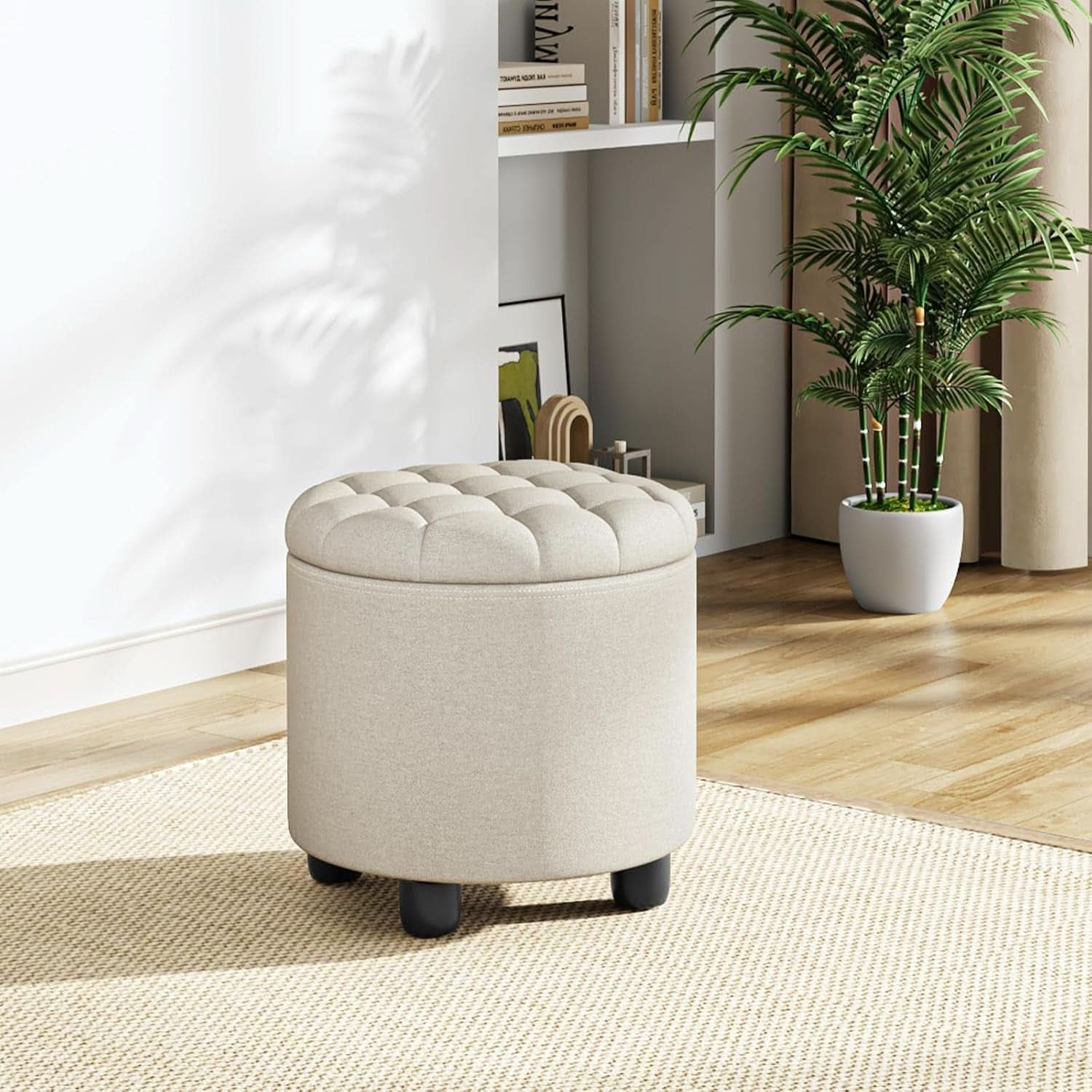 Beige Round Storage Ottoman Featuring Removable Lid
