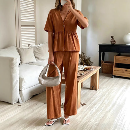 Women's V-Neck Loose Short-Sleeve Top & Wide-Leg Pants Set