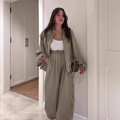 Flip Collar Long Sleeve Jacket & Pants Two-Piece Set