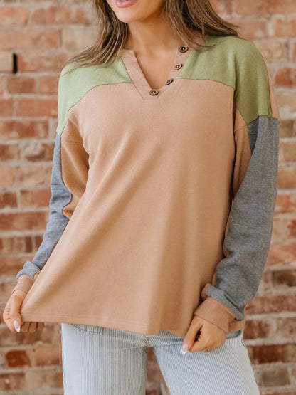 Color Block Thermal Textured Knit Drop Shoulder Henley Top
