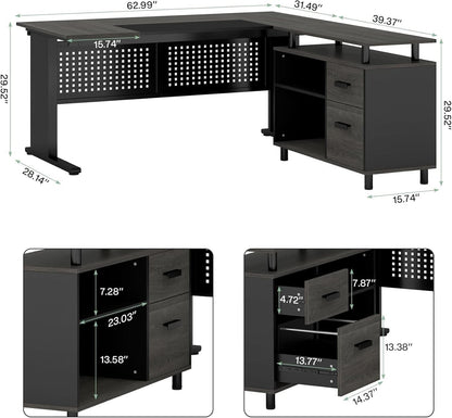 63 Inch Executive Desk With Integrated Cabinet Gray