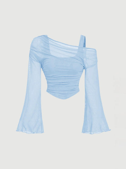 Women's Mesh Neck Pleated Long-Sleeve Top – Slim Fit Knit