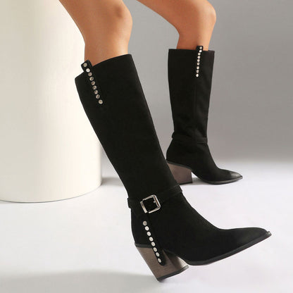 Women's Western Knee-High Boots with Studs | Pointed Toe Chunky Heel & Buckle