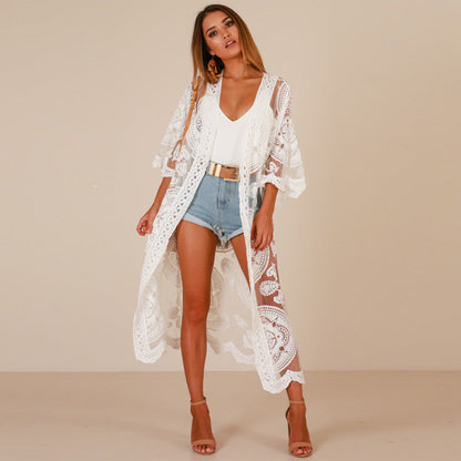 Bohemian Loose Embroidered Lace Bikini Gauzy Cardigan Beach Mid-Length Sunscreen Shirt