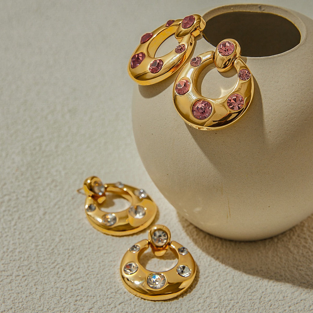 18K gold U-shaped inlaid gemstone design classic simple earrings