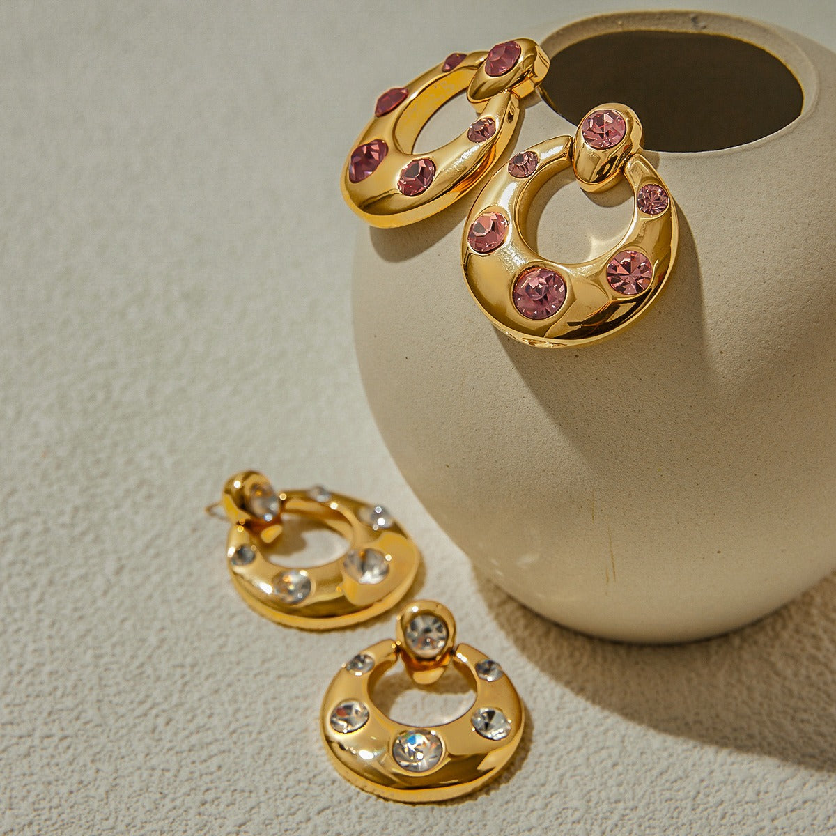 18K gold U-shaped inlaid gemstone design classic simple earrings