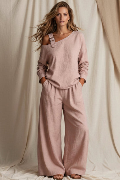 Women's One-Shoulder Buckle-Strap Long-Sleeve Linen Blend Top & Wide-Leg Palazzo Trouser Set