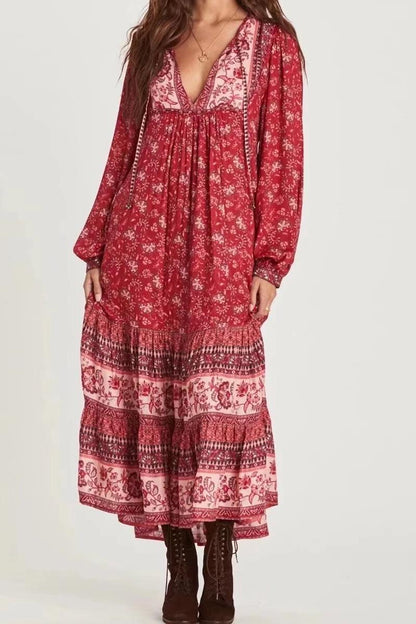 Summer Women Holiday Rayon Positioning Printed Long-Sleeved Dress Long