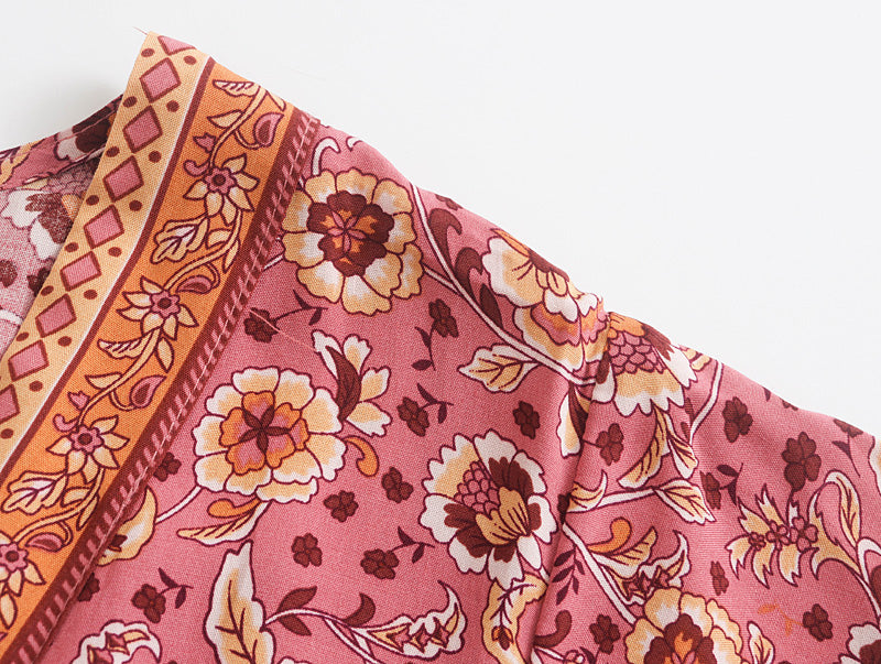 Women Clothing Summer Rayon Positioning Printed Dress V-neck Lace-up Vacation Dress Bohemian