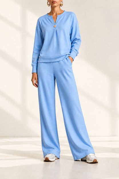 Women's Single-Button Split-Neck Sweatshirt & Wide-Leg Pants Set