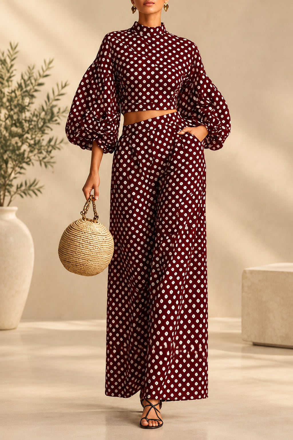 Women's 2-Piece Polka Dot Set – Lantern-Sleeve Mock-Neck Crop Top & High-Waisted Wide-Leg Trouser
