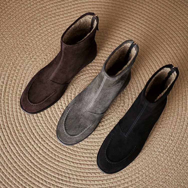 Women’s Fleece-Lined Ankle Boots – Round Toe Low Heel Winter Boots