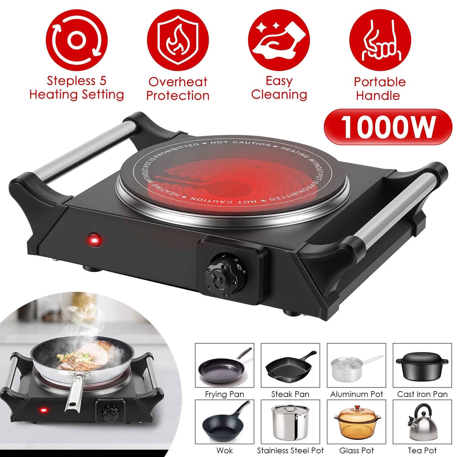 1000W Electric Single Burner Portable Heating Hot Plate Stove Countertop RV Hotplate with 5 Temperature Stepless Adjustments Portable Handles