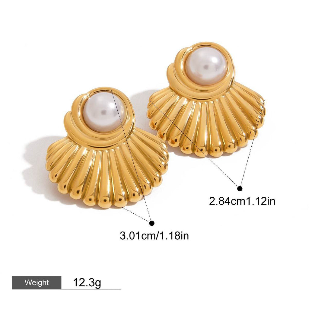 18K gold geometric inlaid pearls exquisite design noble earrings