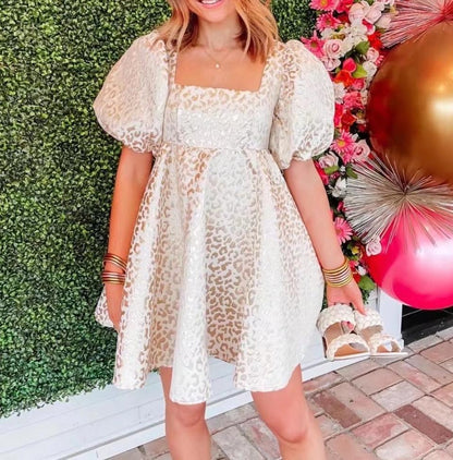 Summer Fresh Square Collar Puff Sleeve Printed High Waist A- line Dress for Women