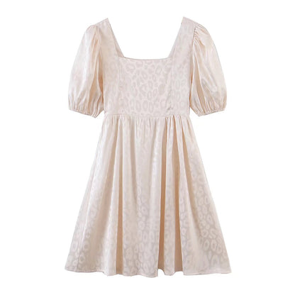 Summer Fresh Square Collar Puff Sleeve Printed High Waist A- line Dress for Women