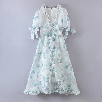Floral Print Dress Bubble Sleeve Retro Princess Dress Spring Summer Wooden Ear Large Swing Women Dress Sheer