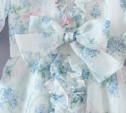 Floral Print Dress Bubble Sleeve Retro Princess Dress Spring Summer Wooden Ear Large Swing Women Dress Sheer