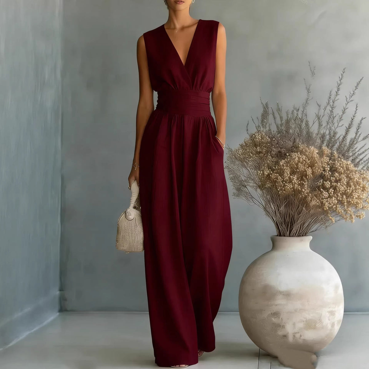 Women's Elegant V-Neck Sleeveless Jumpsuit – Waist-Cinching Straight Leg