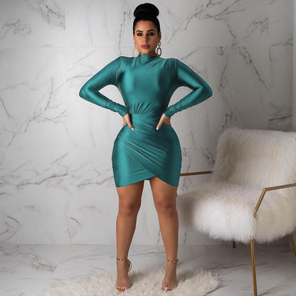 Slim Fit Sheath Fitted Waist Pleated Long Sleeve Dress Nightclub