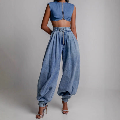 High Waisted Leg-Tie Jeans – Zipper Detail Button Closure Long Pants