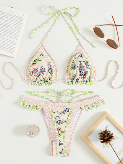 Halter Swimsuit Yellow Banded Bikini Bijini Three-Point Swimsuit