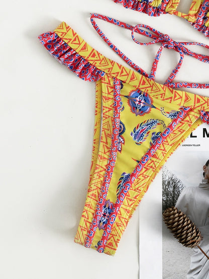 Halter Swimsuit Yellow Banded Bikini Bijini Three-Point Swimsuit