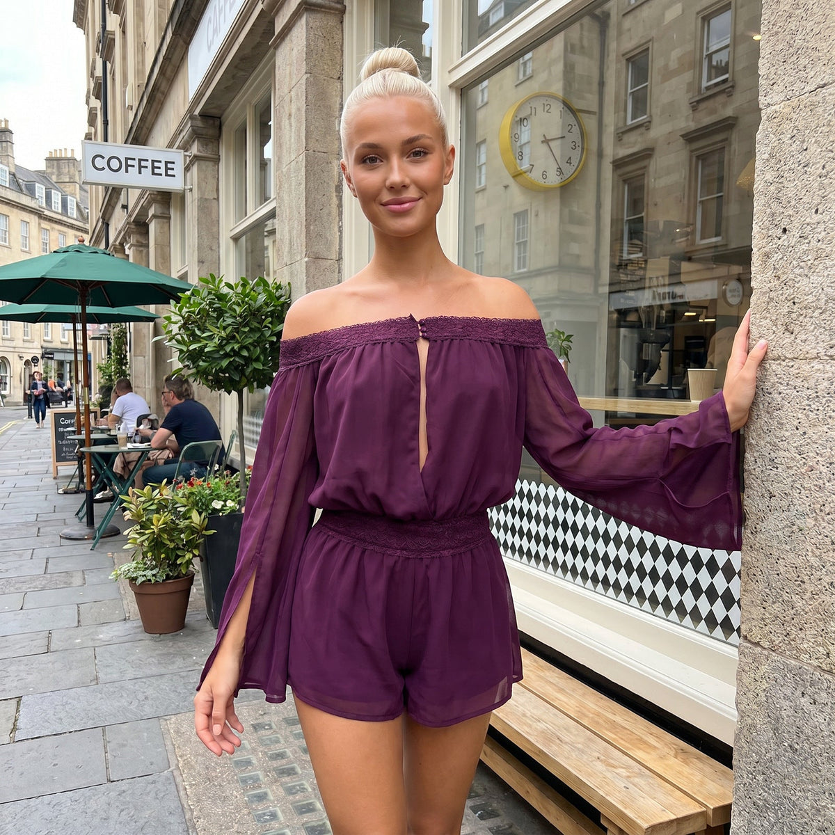 Women's Sheer Chiffon Off-Shoulder Lace-Trim Bell-Sleeve Top & Shorts Set