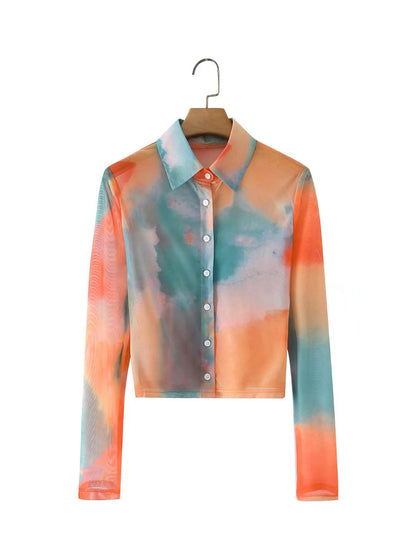 Spring Summer Tie-Dyed Long-Sleeved Shirt Loose Women Niche Elegant Graceful Collared