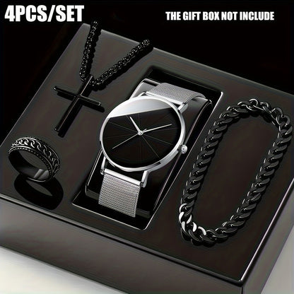 Men's Fashion Watch Ring Necklace Bracelet Set - Stainless Steel Jewelry Collection for Daily Wear