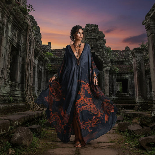 Women's Dragon Print Deep V-Neck Maxi Dress Beach Cover-Up