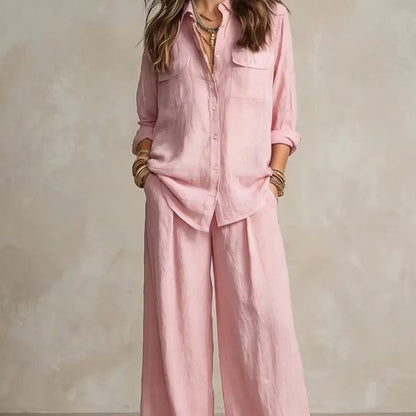Women's Linen Two-Piece Set – Long Sleeve Shirt & Wide-Leg Pants
