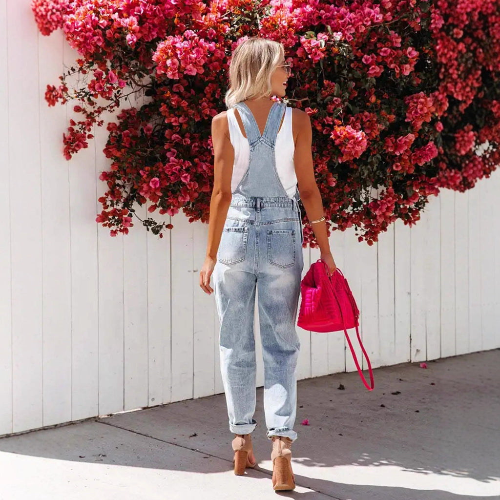 Women's Cropped Ripped Denim Overalls – Streetwear Strap Bib Jeans