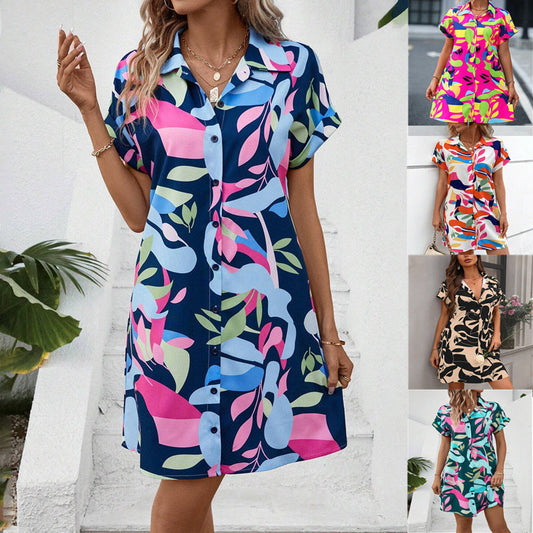 Women's Colorful Tropical Print Shirt Dress – Button Front Short Sleeve Collared A-Line Midi
