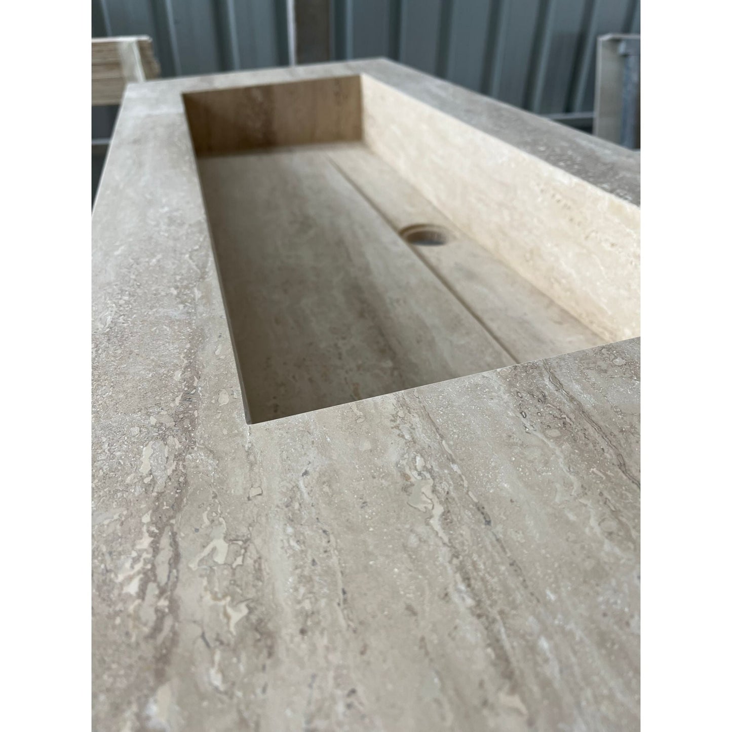 Handcrafted Custom Natural Beige Travertine Vein-Cut Trough Sink