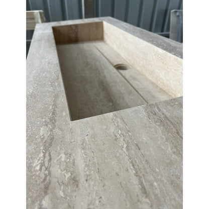 Handcrafted Custom Natural Beige Travertine Vein-Cut Trough Sink
