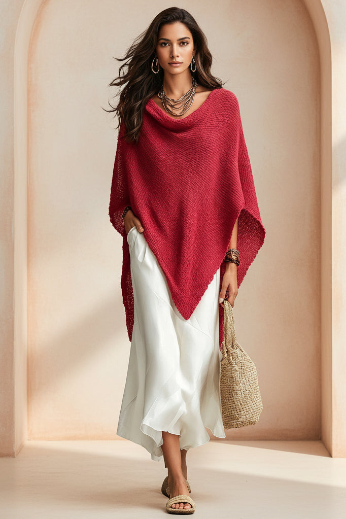 Women's Open-Knit Asymmetric Cape & Ruched V-Neck Fluid Maxi Dress Set