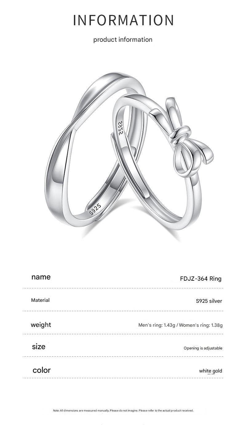 S925 silver heart knot entangled couple bowknot open ring