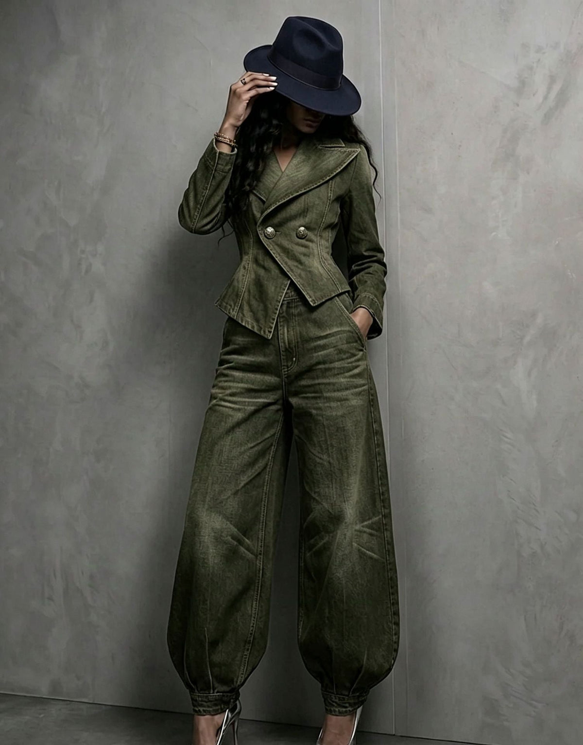 Women's Washed Distressed Denim Asymmetric Double-Breasted Jacket & Balloon-Leg Trouser Set