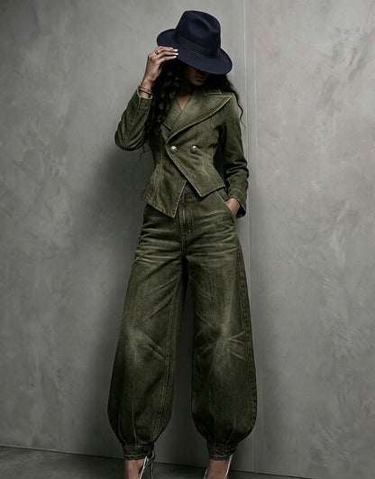 Women's Washed Distressed Denim Asymmetric Double-Breasted Jacket & Balloon-Leg Trouser Set