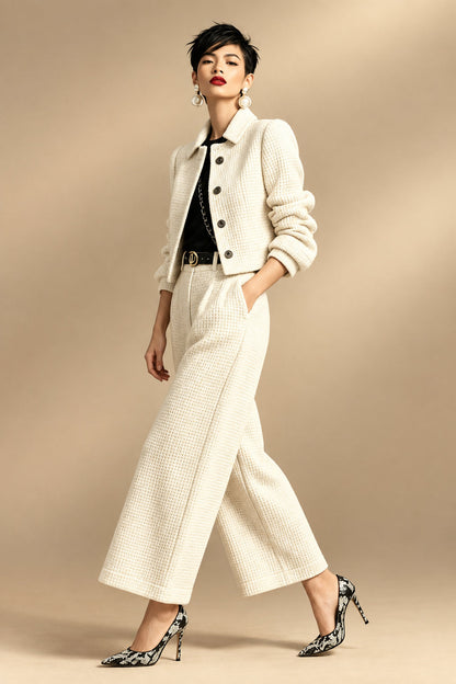 Women's Textured Cropped Jacket & Wide-Leg Pants Set