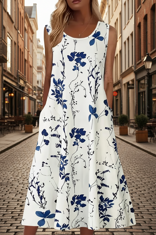 Women's Elegant Floral Print Two-Piece Set – Round Neck Top & Pants