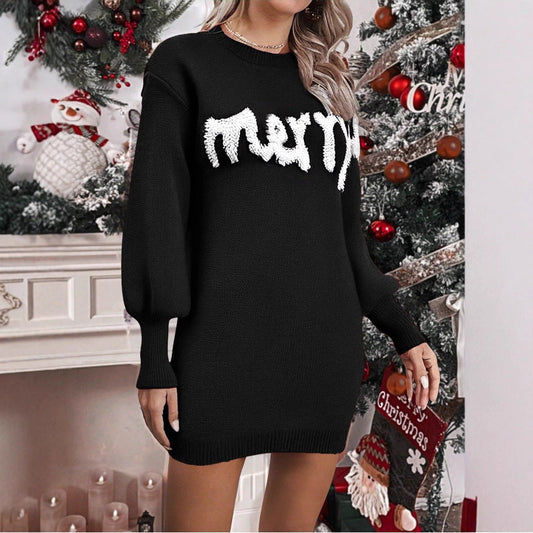 Women’s Knitted Round Neck Lantern-Sleeve Pullover Sheath